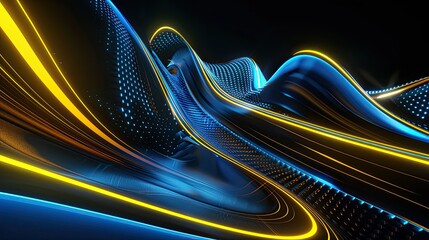 Sticker - Luminous blue and yellow neon curves, isolated on black, intricate light effects, cinema 4D octane render, Ukraine flag colors, high detail