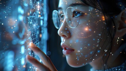 Wall Mural - A young woman with glasses interacts with futuristic digital interfaces, reflecting a vision of technology on her face. 