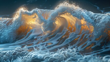 Wall Mural - macro photograph of bioluminescence in a wave with marine life in the style of Bioart
