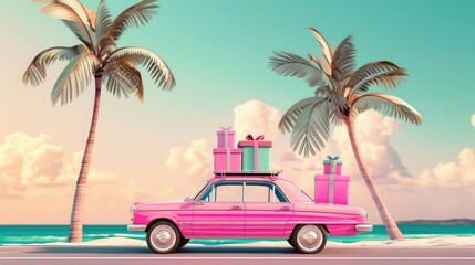 Wall Mural - Holiday trip on pink retro car