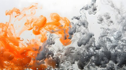 Wall Mural - interplay of colors and shapes, where swirling patterns of vibrant orange and dark gray ink are suspended in a clear liquid. The orange ink forms voluminous, billowing clouds that contrast sharply