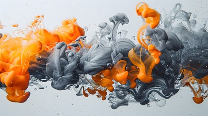 Wall Mural - interplay of colors and shapes, where swirling patterns of vibrant orange and dark gray ink are suspended in a clear liquid. The orange ink forms voluminous, billowing clouds that contrast sharply