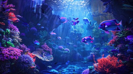Wall Mural - Holographic Aquarium: An aquarium featuring holographic sea creatures and underwater environments, providing a futuristic and immersive aquatic experience