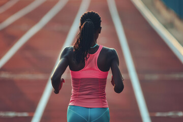 Wall Mural - Running black woman running on fitness marathon track back view
