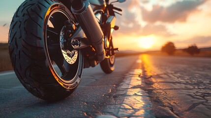 A close-up view of a motorcycle parked on the side of a road during sunset. The motorcycle's rear wheel, tire, and exhaust pipe are prominently visible