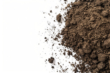 Scattered pile of black soil isolated on white background top view, copy space
