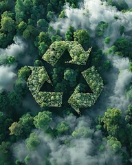 Recycle symbol on the forest background . Ecological concept. Ecology. Recycle and Zero waste symbol in the untouched jungle for Sustainable environment. AI generated illustration