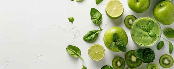 Wall Mural - A white background with a variety of green fruits and vegetables, including apples, kiwis, and limes. Free copy space for text.