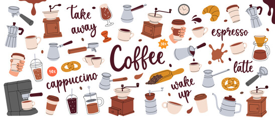 Wall Mural - Coffee set. Hand drawn elements for cafe menu, coffee shop. Beans, drinks, cups, pot, package, grinder, filter, machine, portafilter, kettle.