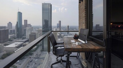 Wall Mural - Houston Horizons: An industrial-chic desk perched atop a high-rise balcony, offering panoramic views of Houston's bustling skyline