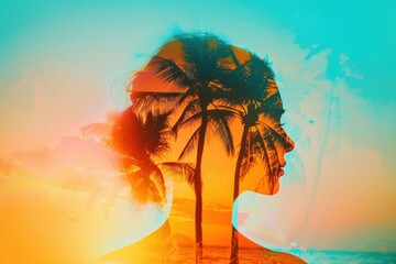 double exposure of the silhouette of an adult woman's head and shoulders with palm trees, sunset, beach scene Generative AI