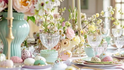 Sticker - Easter tablescape decoration, floral holiday table decor for family celebration, spring flowers, Easter eggs, Easter bunny and vintage dinnerware, English country and home styling idea
