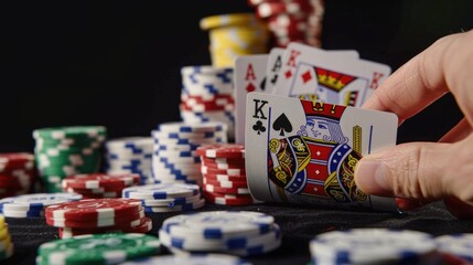 Portrait of a croupier is holding playing cards  gambling chips on table. Black background