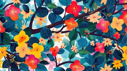 Wall Mural - Vibrant Floral and Foliage Pattern with Branches