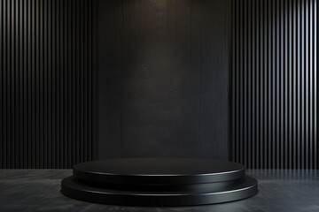 Wall Mural - Minimal black pedestal or podium for product showcase. Dark background. Empty stage. 3d rendering