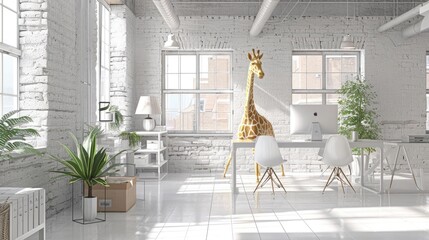 Wall Mural - Interior of a modern office with window and funny girafe