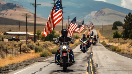 Wall Mural - Patriotic bikers on a 4th of July motorcycle ride across a scenic route 32k UHD,