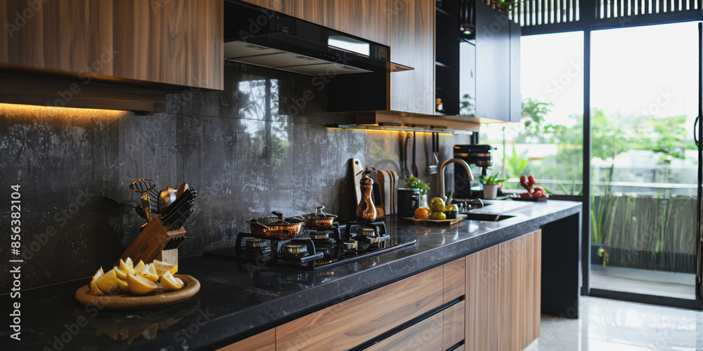 Modern kitchen with dark wood cabinets and black granite countertops ...