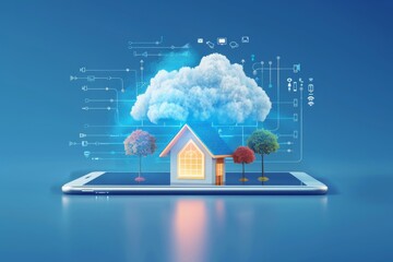 3d illustration of cloud with house on tablet, blue background, digital technology concept for home exterior design, smart houses and industry network system