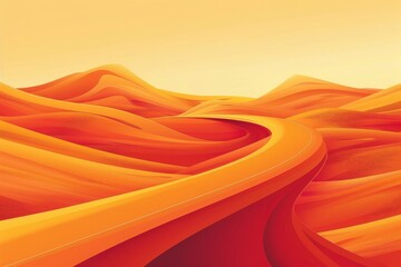 Wall Mural - A winding road through smooth, vibrant orange and red sand dunes under a warm, golden sky