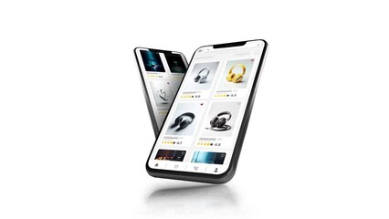 Wall Mural - Online marketplace application and website animation. E-commerce and shopping for technological products. Marketing, commerce and headphone sales home page.