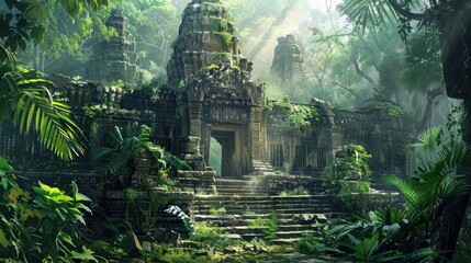 Wall Mural - Jungle Ruins: Echoes of Ancient Civilizations - Visualize a scene where you explore ancient ruins hidden in the jungle, discovering the remnants of civilizations long past amidst the dense foliage