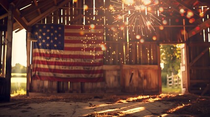 Wall Mural - Rustic barn setting, vintage American flag, Happy 4th of July in classic font, fireworks in soft focus background, warm colors, 32k UHD