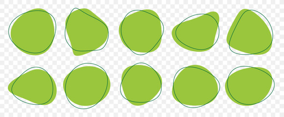 Abstract organic blob shapes vector irregular figures isolated on transparent background. Set of round blot form outlined with a thin line graphic element. Simple green slime spot