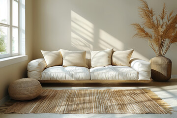 Poster - a minimalist living room with clean lines, neutral colors, and simple decor, promoting a sense of ca