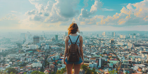 Wall Mural - Woman solo traveler admiring cityscape from hilltop at sunset