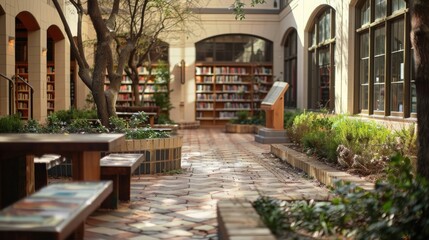 Wall Mural - Library Courtyards: Close-up of library courtyards, reading nooks, and book sculptures, highlighting the city's love for literature and intellectual pursuits