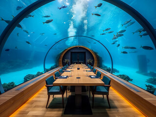 Wall Mural - A long dining table is surrounded by chairs in a room with a large aquarium. The table is set with plates, forks, knives, and spoons, and there are several bowls and cups on the table