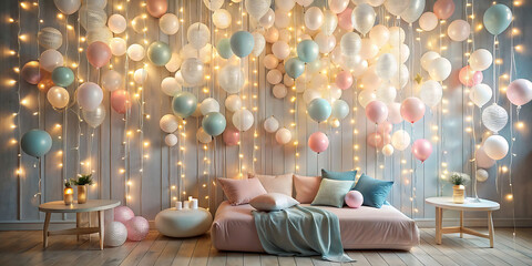 Wall Mural - birthday decoration with lights and balloons