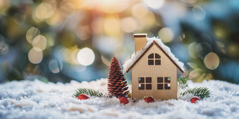 Festive miniature house in snowy winter setting