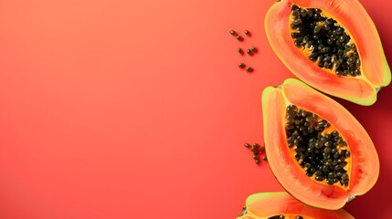 Wall Mural - Fresh juicy halved papaya on coral background, top view. Space for text. 