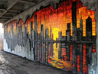 Wall Mural - A mural of a city skyline with a sun in the background. The mural is made of glass and is very colorful