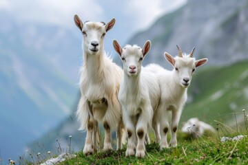 View from beside body of a three Alpine goat standing on grass, Awe-inspiring, Full body shot ::2 low Angle View