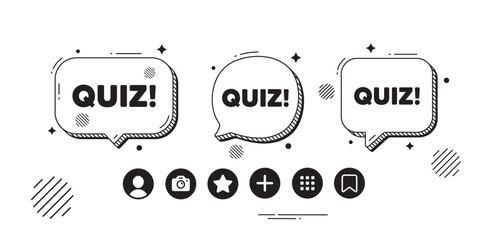 Quiz tag. Speech bubble offer icons. Answer question sign. Examination test symbol. Quiz chat text box. Social media icons. Speech bubble text balloon. Vector