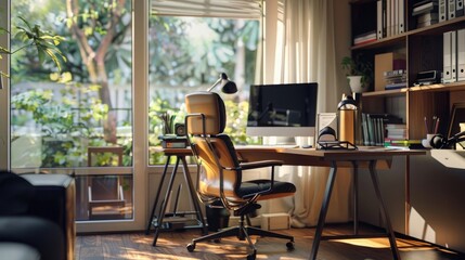 Wall Mural - Modern home office with ergonomic desk and natural light, generative AI