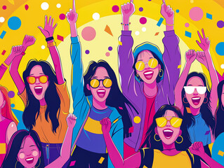 Sticker - A group of women are celebrating with each other. They are all smiling and wearing sunglasses. The image has a happy and celebratory mood