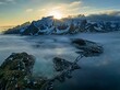 © imageBROKER - Aerial view, bridge, village, steep mountains, coast, winter, fog, evening light, Reine, Moskenesoya, Lofoten, Norway, Europe