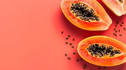 Wall Mural - Fresh juicy halved papaya on coral background, top view. Space for text. 