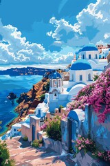 Wall Mural - Scheap paint by numbers picture of Santorini, vector illustration, cute, greek architecture, beautiful colors, white buildings with blue domes on the cliffside overlooking ocean, flowers and trees in 