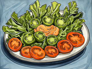 Wall Mural - A plate of tomatoes and lettuce with a green sauce