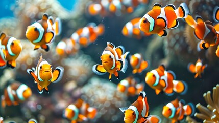 Wall Mural - Vibrant clownfish swimming in a colorful coral reef. Underwater marine life scene with abundant fish and vivid hues. Artistic illustration for aquatic themes and ocean visuals. AI