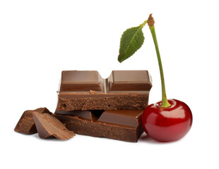 Sticker - Fresh cherry with pieces of dark chocolate isolated on white