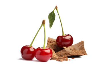 Poster - Fresh cherries with pieces of milk chocolate isolated on white