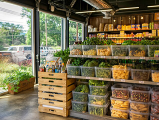 Wall Mural - A grocery store with a lot of produce on display. The produce is in plastic containers and the store is well lit