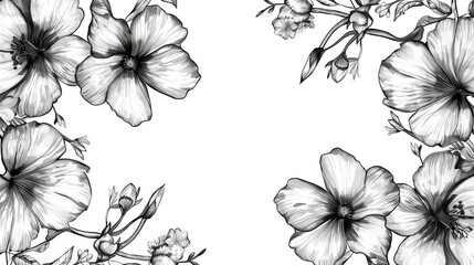Wall Mural - postcard frame design with hand drawn floral seamless pattern in black and white ink drawn graphic e