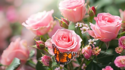 Canvas Print - Pink roses and insects on garden themed card